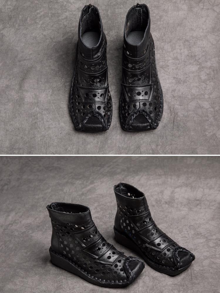 Johnature Genuine Leather Summer Hollow Out Boots Retro Handmade Round Toe Breathable Wedge Sandals Women's Shoes