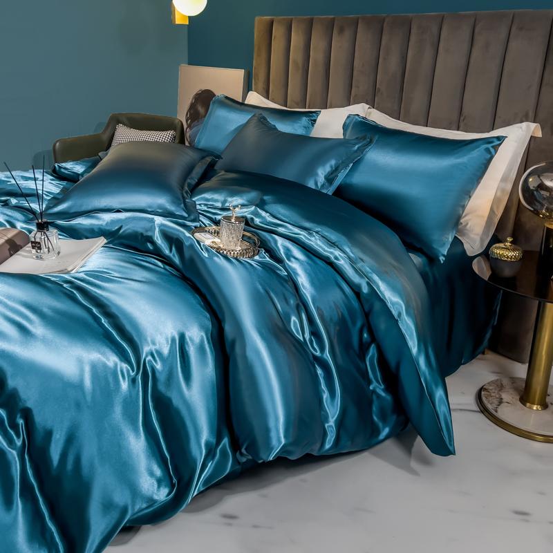 Solid Silk Bedding Set with Duvet Cover Bed Sheet Pillow Case Luxury Single Double Couple Rayon Satin Pillowcases Bedsheet