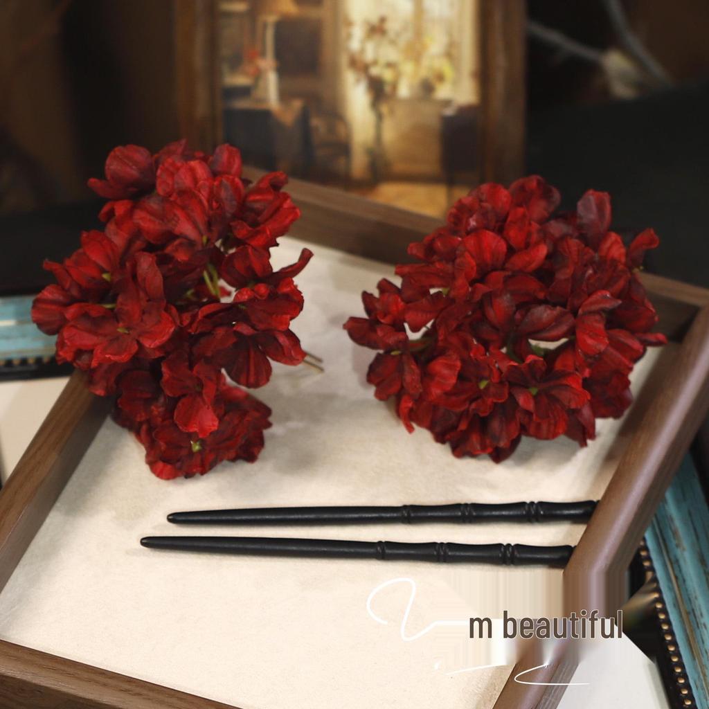 Ретро Заколка для волос в виде цветка из ткани винного цвета - Головной убор в классическом китайском стиле