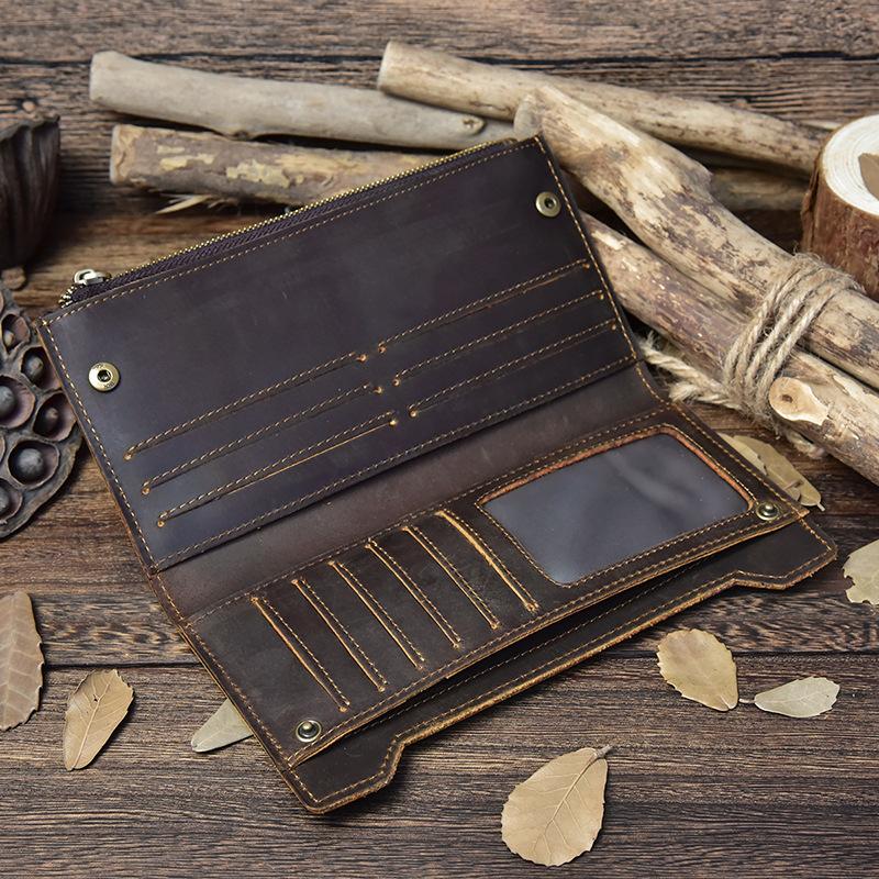 Men'S Long Wallet Retro Leather Buckle Clutch Bag Multi-Card Leather Wallet First Layer Cowhide Long Wallet