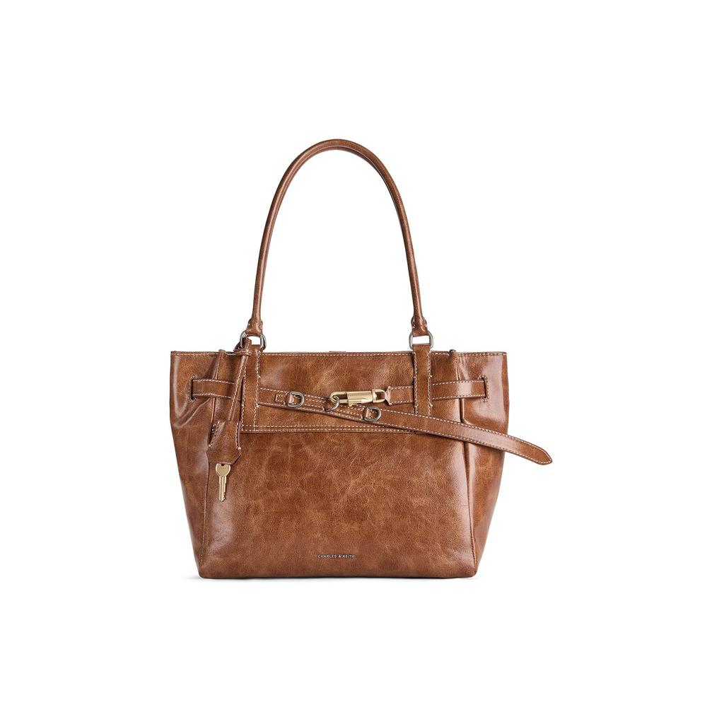 Charles & Keith Spring Lock Buckle Pleated Capacity Tote Bag Women tote bag Vintage-Tan Black CK2-30782817