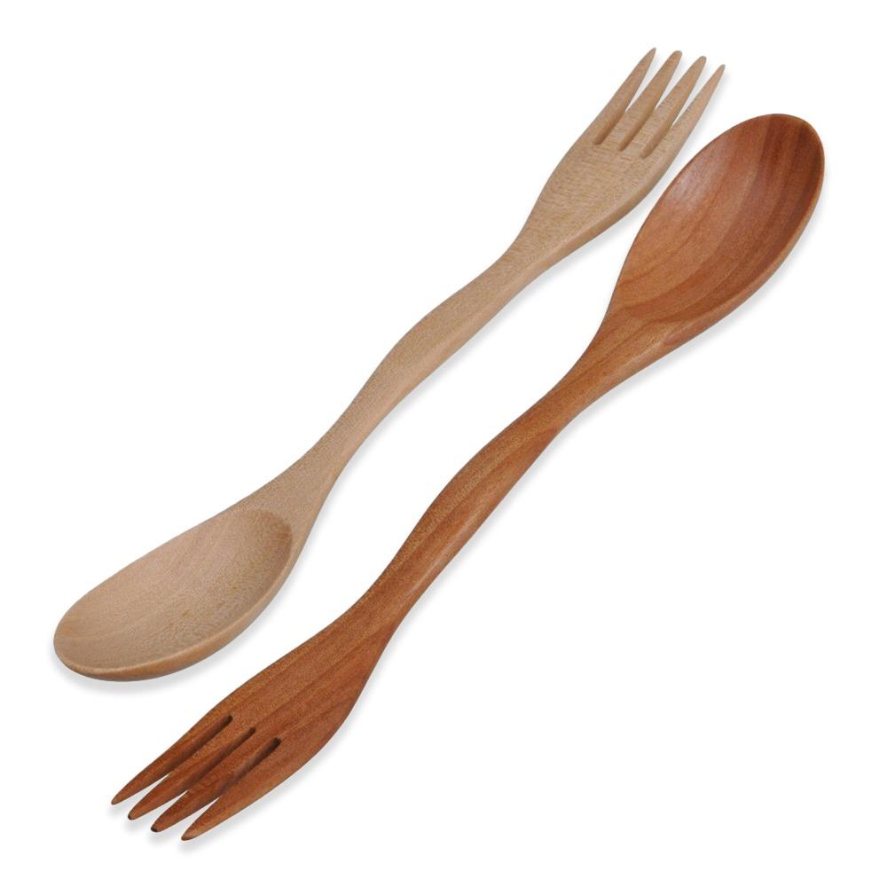 Flatware Tableware Dinner Dual Head Natural Wood 2 In 1 Spoon Fork