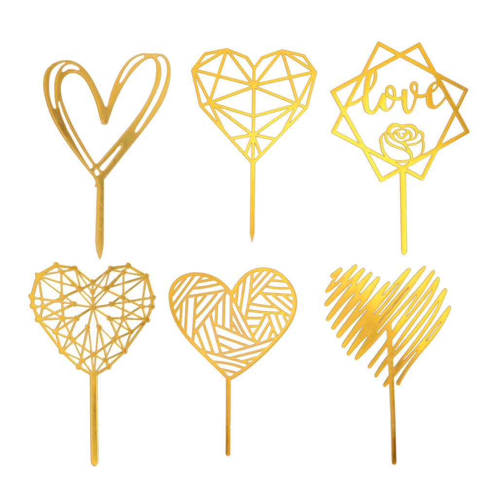 6Pcs Cake Topper Decorations Gold Heart Shaped for Cupcake Birthday Party Celebration Wedding Anniversary