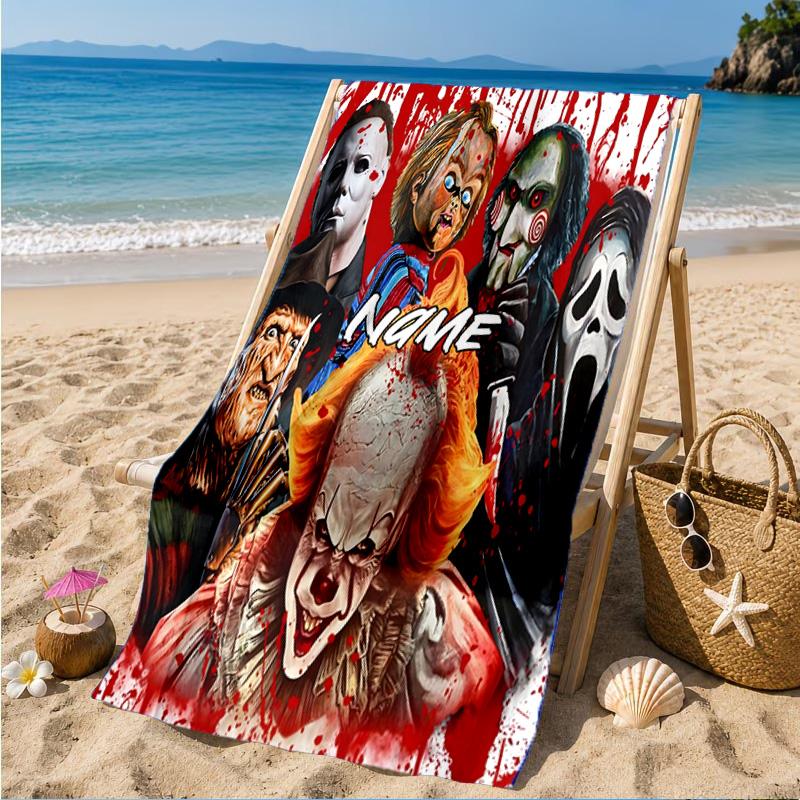 Custom Name Halloween Horror Christmas Beach Towel Microfiber Beach Towel, Lightweight and Quick-Dry, for Summer Travel, Swimming Pool Gift