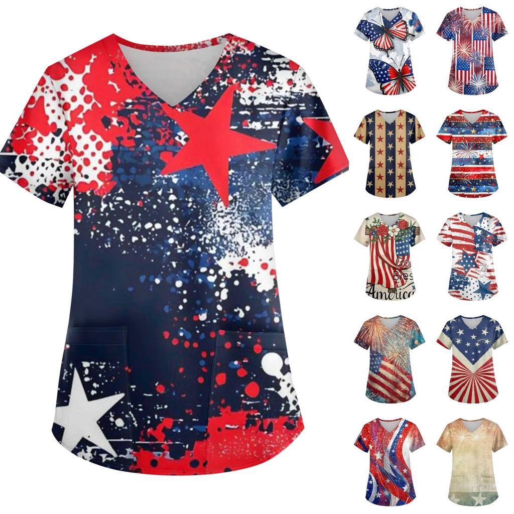 Женская модная футболка с принтом ко Дню Независимости, V-образным вырезом, карманом, короткими рукавами, униформа и топ для ухода