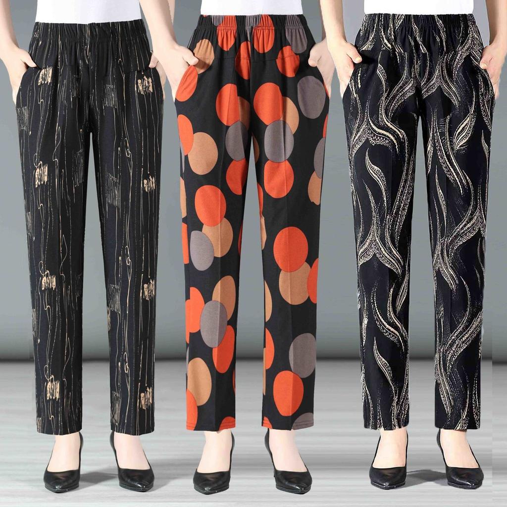 Summer Middle-aged and Elderly Women's Cropped Pants High Waist Elastic Oversized Pants Middle-aged Women's Floral Pants