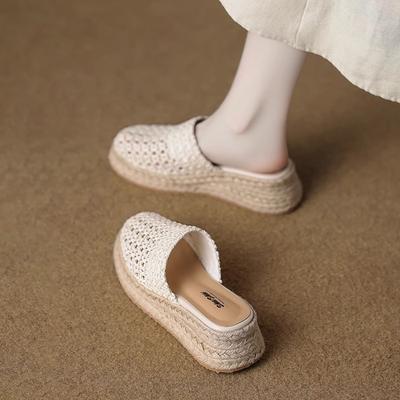 Внутренняя высота 2025 Лето Новые Полые Плетеные Без задника Полушлепанцы Женские Платформа Соломенные Слипоны