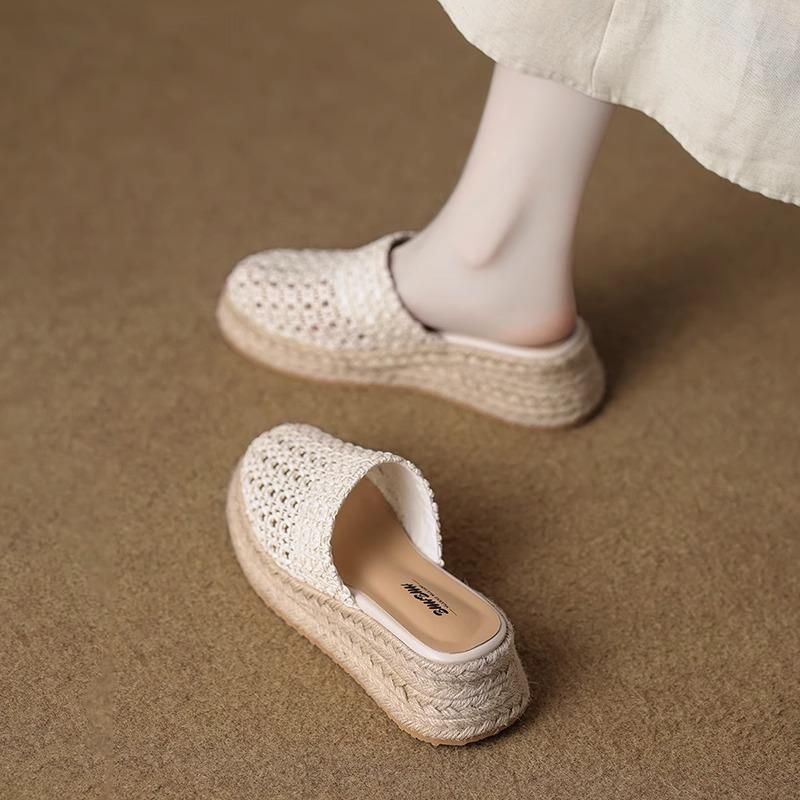 Модные полушлепанцы с открытым носком на платформе из соломы, плетеные ажурным узором, новинка лета 2025