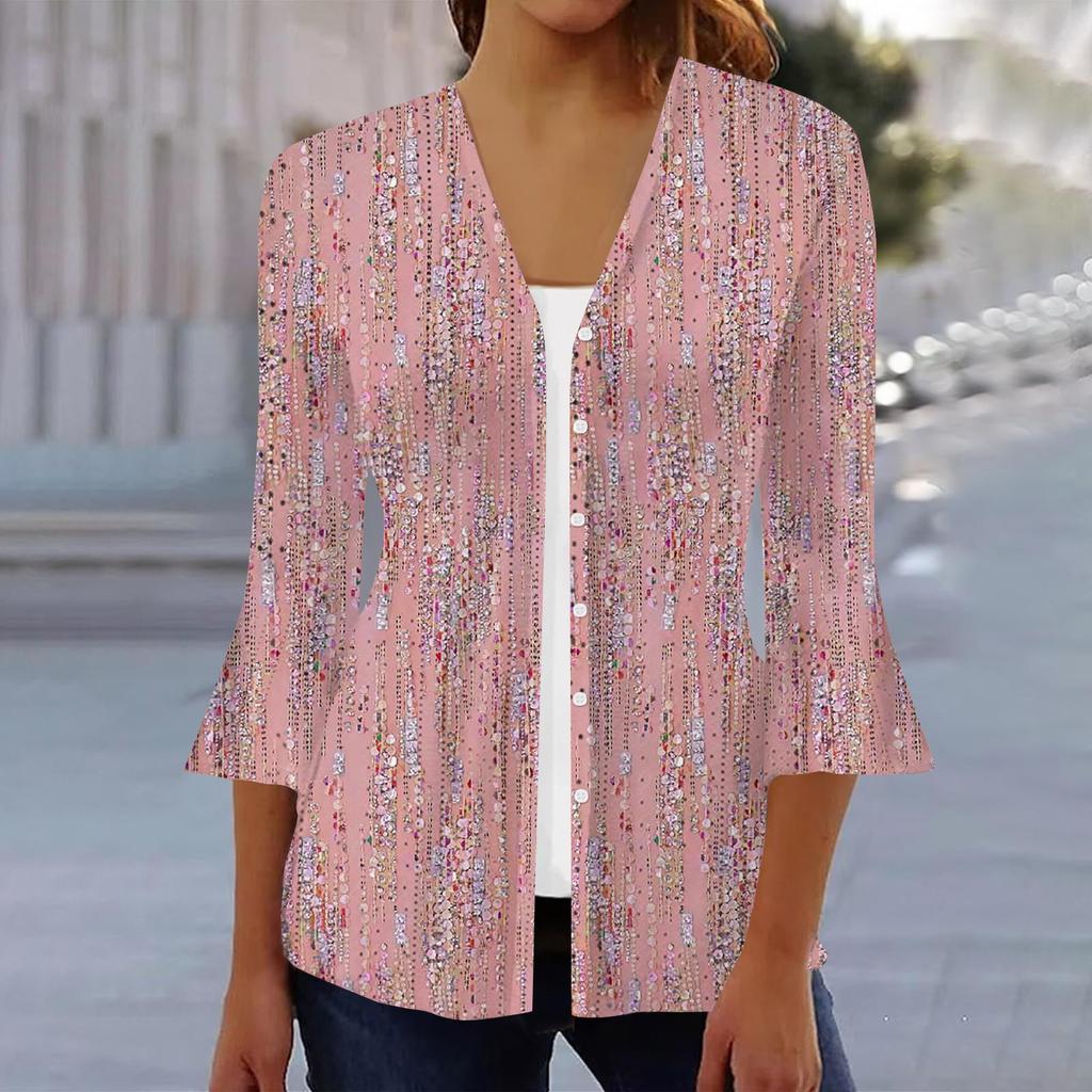 Women's Fashion Loose Casual Printed Three-quarter Sleeve Button Shirt Cardigan Top