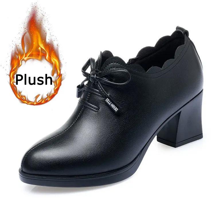 WTEMPO Женские мягкие подошвы на толстом среднем каблуке, нескользящие, черные, повседневные, из ПУ, теплые, плюшевые туфли, осень-зима, мягкие, из искусственной кожи
