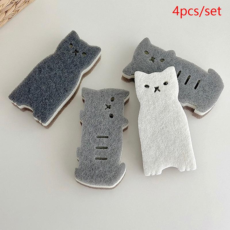 Набор из 4 кухонных губок Cute Cat - толстые и прочные инструменты для мытья посуды и уборки