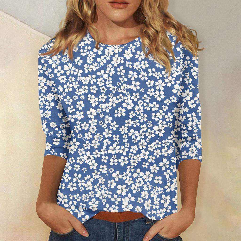 Women's Fashion Casual Seven-Point Sleeve Print Round Neck Top