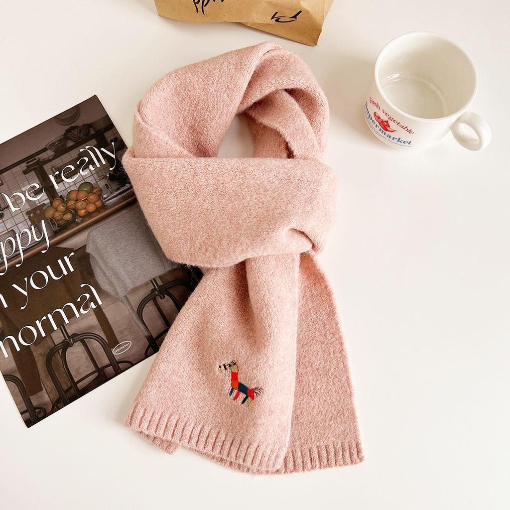 2024 Autumn/Winter Korean Knitted Wool Scarf - Women's Warm, Thick, Embroidered Design