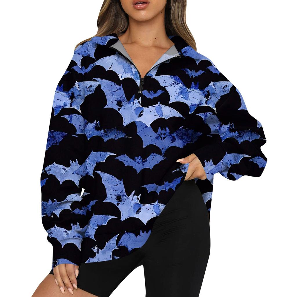 Women's Casual Fashion Long Sleeve Print Oversize Zip Sweatshirt Top