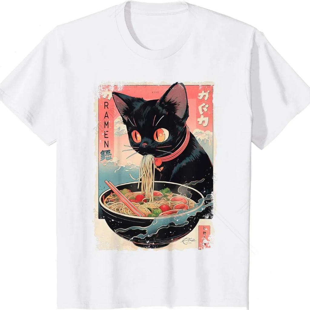 Watercolorful Cat Ramen Noodle 3d Print Mens T-shirt Japanese Anime Manga Ramen Kawaii Cat T-Shirt for Men Women Anime