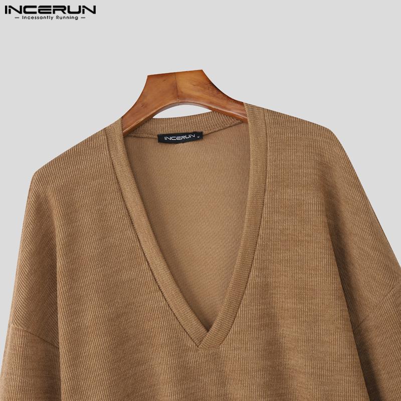 INCERUN Мужские трикотажные пуловеры с V-образным вырезом и длинным рукавом