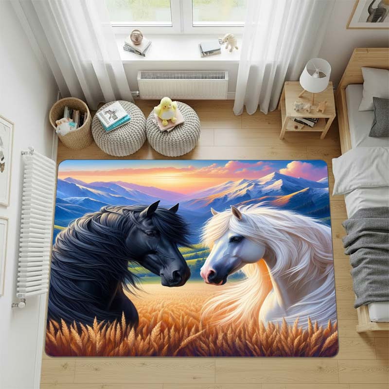 Black and White Couple Horses Area Rug, Sunset Grassland Wild Horse Non Slip Floor Carpet
