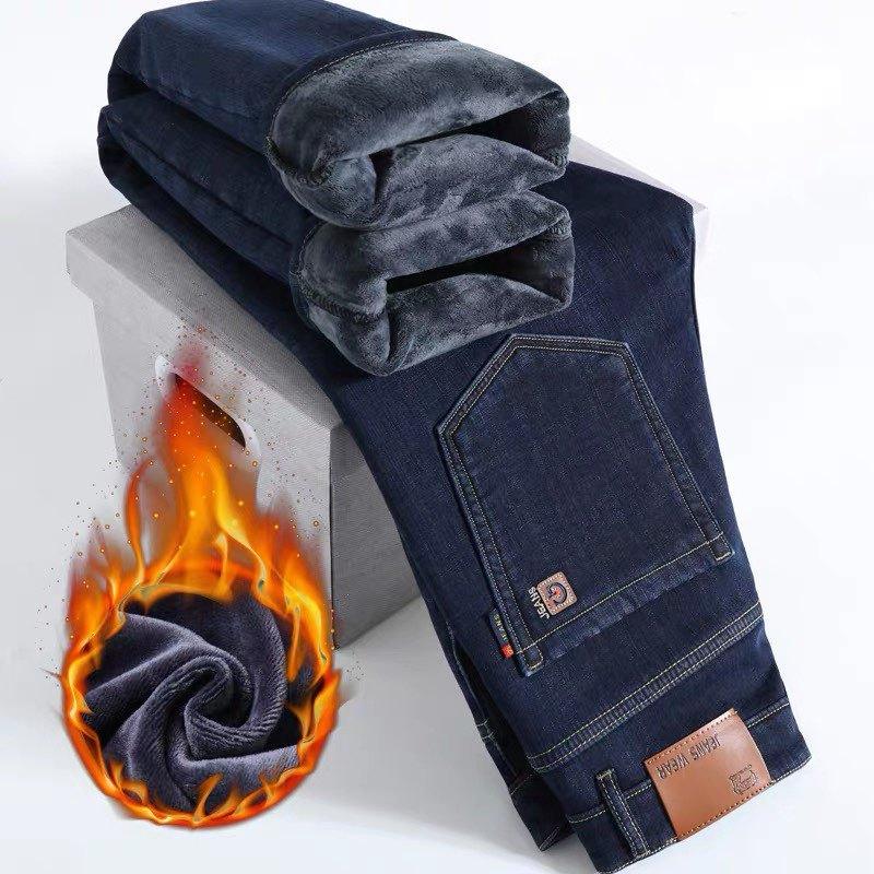 Осень и зима флис утолщенные джинсы свободные прямые брюки универсальные деловые эластичные термобрюки