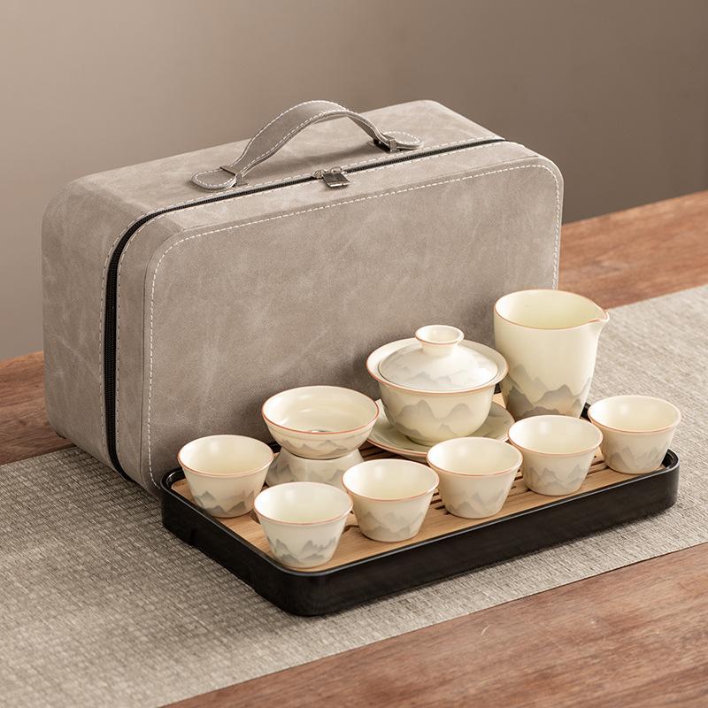 High-end Huang Ru Kiln Travel Kung Fu Tea Set Household Portable Cover Bowl Teacup Teapot Light Luxury Business Gifts