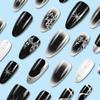 24pcs Manicure Long Almond False Nails Black Flowers Fake Nials Silver Butterfly Star Detachable Press on Nails DIY