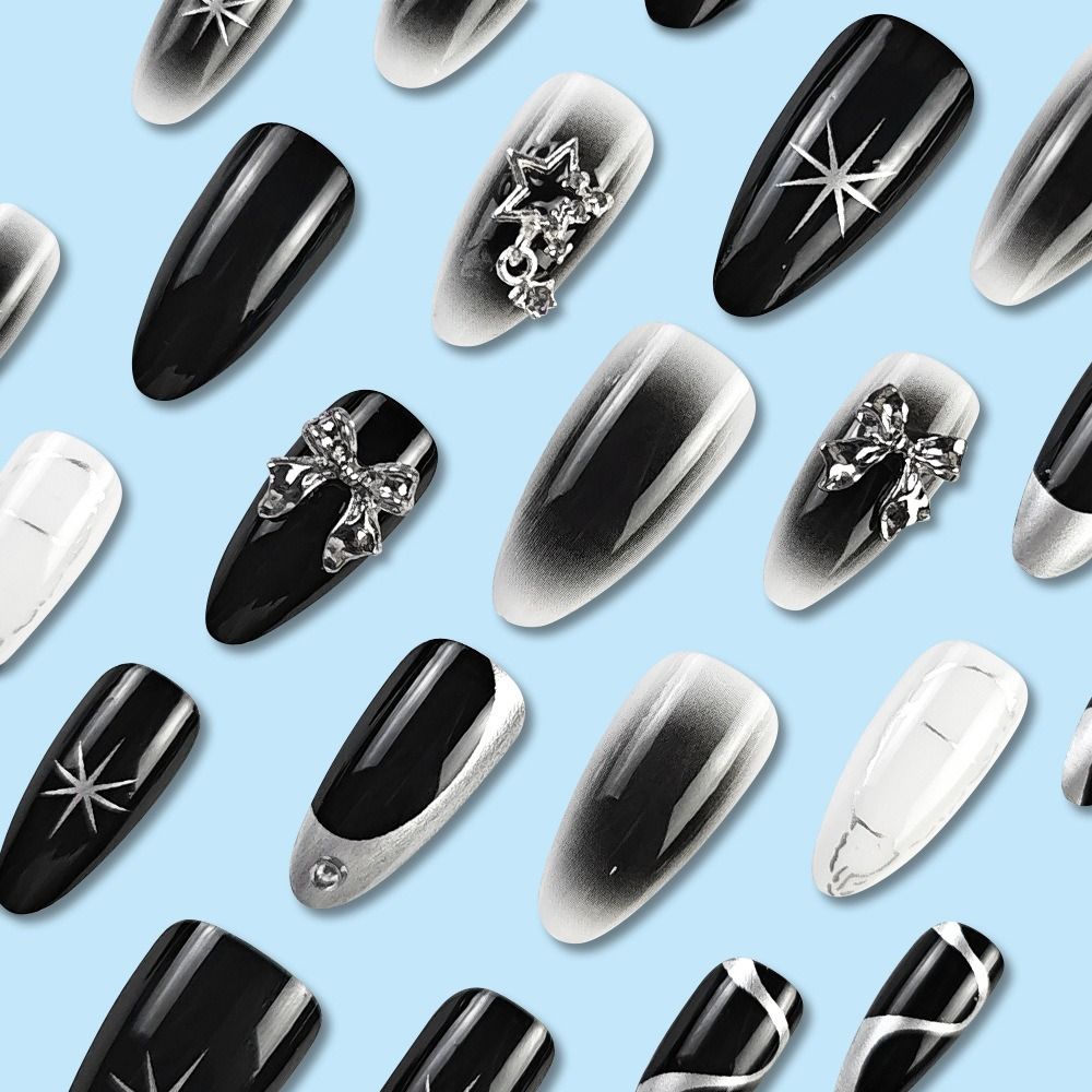24pcs Manicure Long Almond False Nails Black Flowers Fake Nials Silver Butterfly Star Detachable Press on Nails DIY