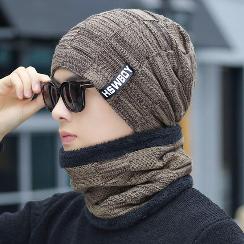 Men's Fleece Knitted Scarf Hat 2-piece Set Trendy Women's Warm Wool Hat Winter Student Cycling Cold