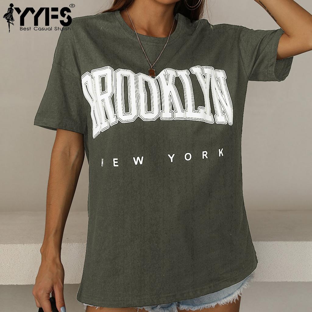 YYFS Женские модные повседневные свободные футболки и топы с короткими рукавами и круглым вырезом с буквенным принтом