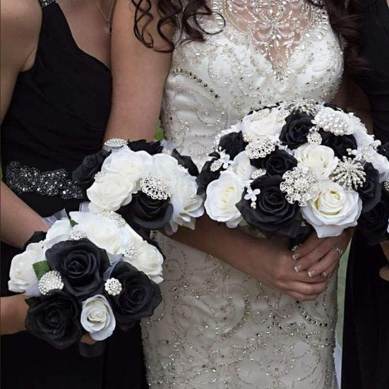 10Pcs Artificial Rose with Green Leaves Fake Silk Flower Wedding Halloween Party