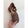 Sheepskin version~ niche retro woven open-toed outer wear summer Roman sandals women's leather thick heel with sandals