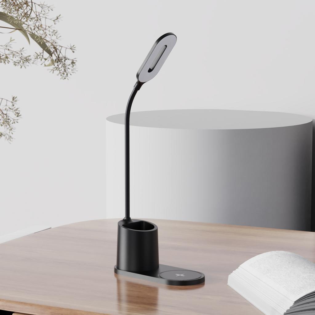 3-in-1 Pen Holder Desk Lamp with 15W Wireless Fast Charging, QC2.0 Protocol, TYPE-C Power, 360° Flexible Pole & 3-Color Stepless Dimming