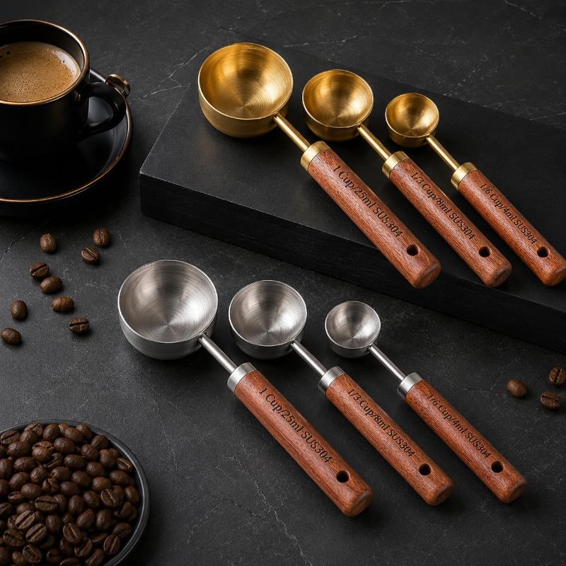 Rust Proof Coffee Measuring Spoons 304 Stainless Steel with Natural Wood Handle for Home Kitchen Brewing Baking