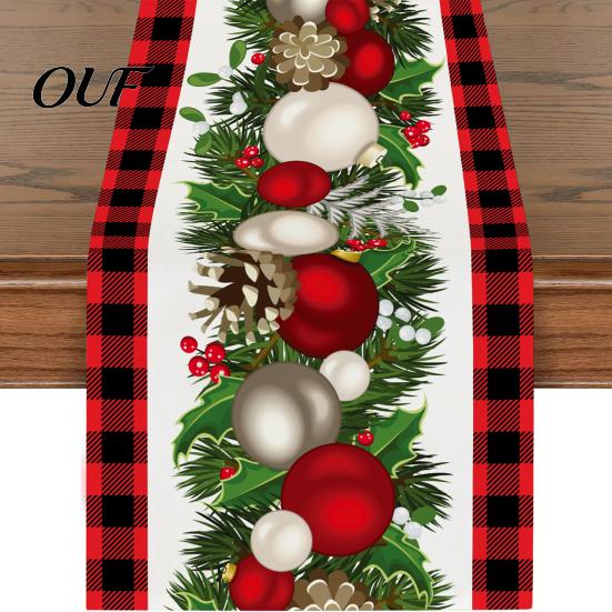 Decorative Table Runner Christmas Runner, Xmas Tree Ball Reindeer Print Seasonal Tablecloth, Winter Holiday Party Dining Decoration Washable