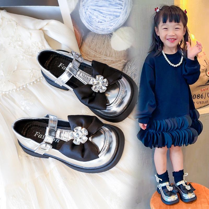 Girls Leather Shoes Black Big Bow Sweet Crystal Kids Performance Shoes Non-slip New Children Flat Shoes Princess Wedding