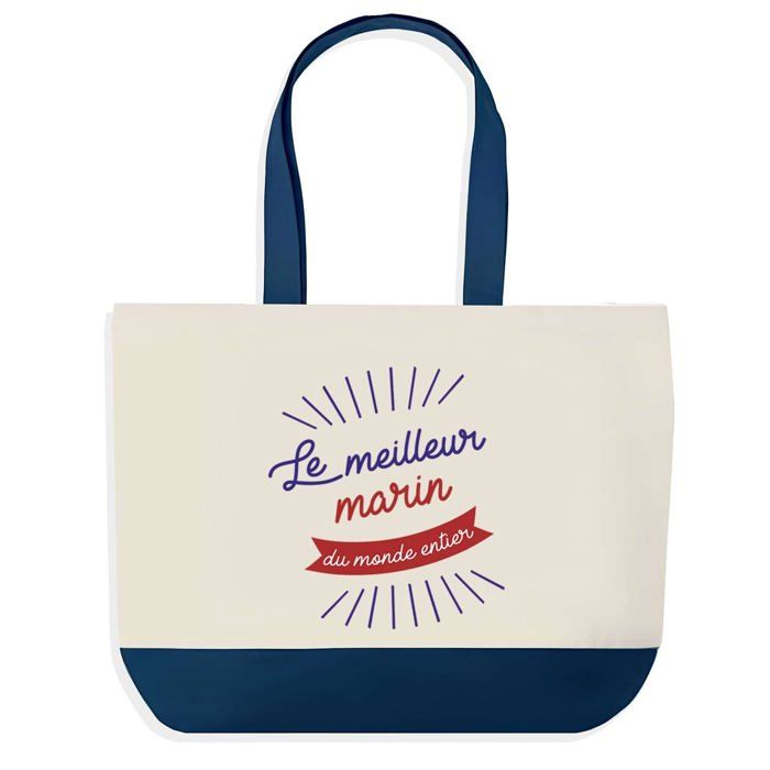 Tote bag - PLANETEE - Grand sac shopping - Fond bleu marin - Coton 40x45 cm - Fabriqué en France