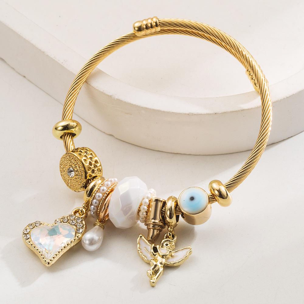 Браслет-бенгл Panjia Dora из нержавеющей стали в виде сердца любви и ангела для женщин - Сделай сам, ручная работа, бисерные аксессуары из сплава