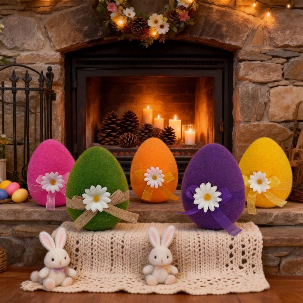 Foam Flocked Easter Eggs Colorful with Flower Bow Easter Egg Ornaments Lifelike DIY Craft Large Egg Table Centerpiece