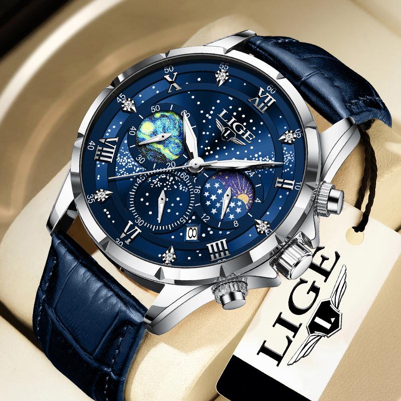 LIGE Men's watches Luxury Waterproof Male Clock Moon Phase mens wristwatch Date Casual Leather Men Chronograph reloj hommes+BOX