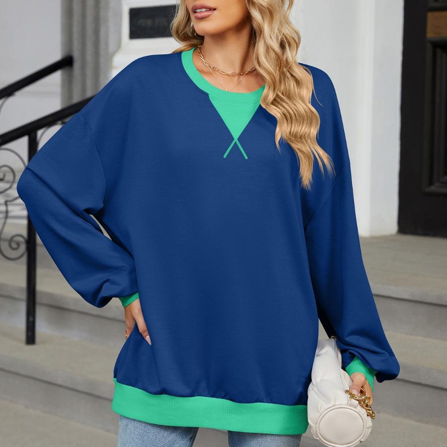 Осенне-зимние пуловеры и длинные рукава женские контрастные цвета с круглым вырезом свободная толстовка больших размеров
