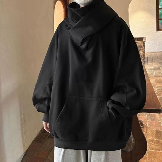 Fall Winter Men Hoodie Oversize Hooded Long Sleeves Pure Color Hip Hop High Collar Big Patch Pocket Elastic Cuff Mid Length Warm Top