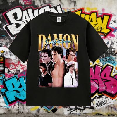 Лето 2025 Damon Salvatore IanSomerhalder ТВ-драма Узор для женщин Ретро Готический Оверсайз 100% Чистый Хлопок Печатная Футболка