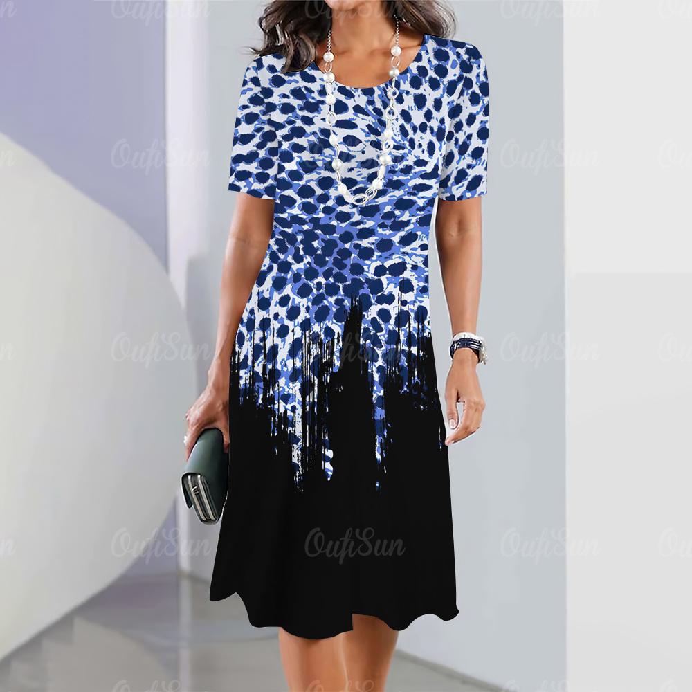 Женская мини-юбка с леопардовым принтом, модные летние платья до колена, уличные элегантные игривые платья 2023 года с круглым вырезом, женские топы, пуловеры