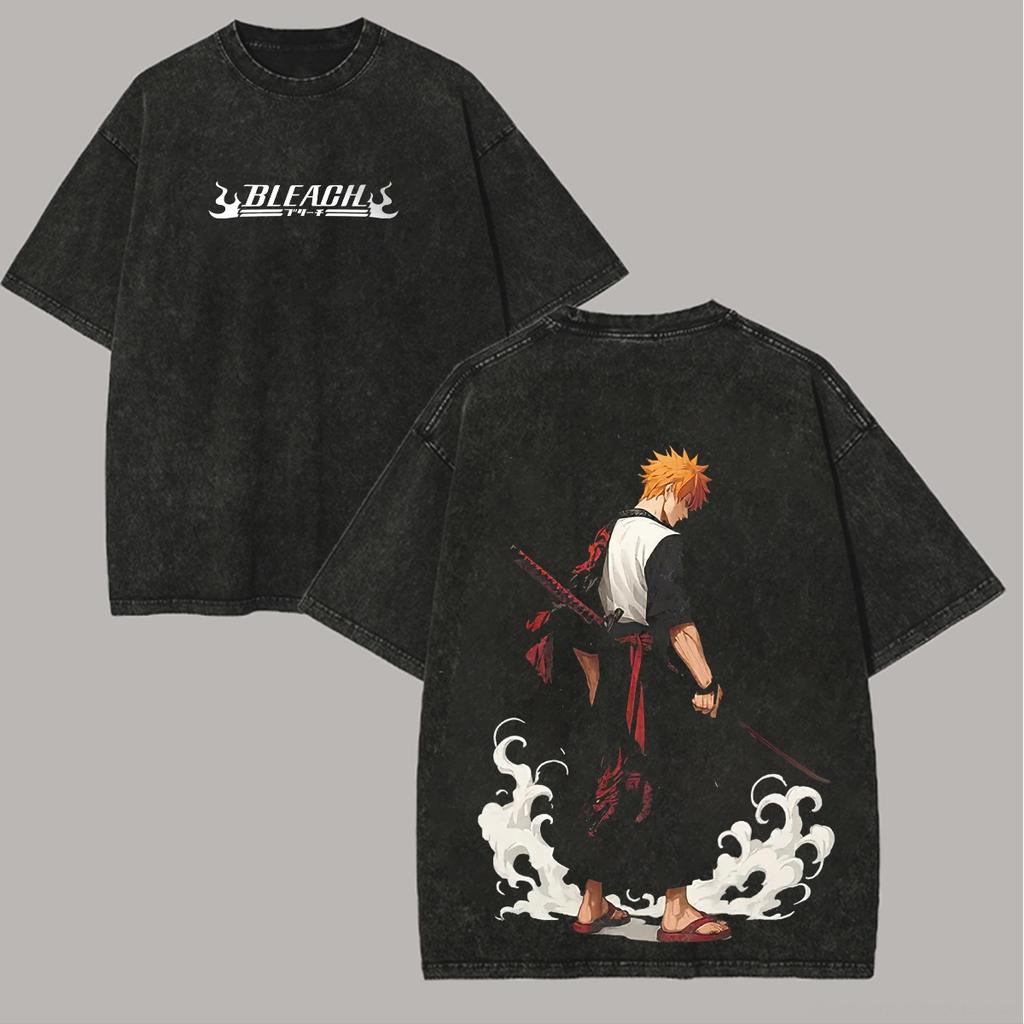 Anime BLEACH Printed T-shirt Kurosaki Ichigo Vintage Washed T Shirt Men Clothing Summer Oversized Short Sleeve Cotton Tees Tops