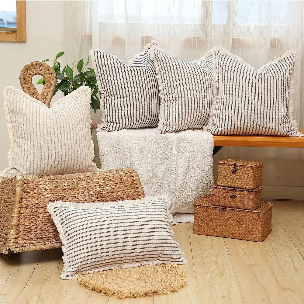 Linen Striped Throw Pillow Cover Nordic Style Cushion Cover Back Cushion Cover  Living Room