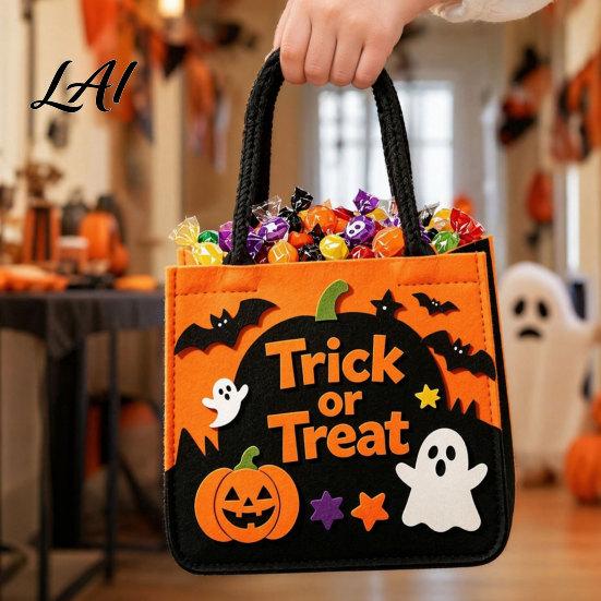 Halloween Party Favor Bag Trick or Treat Bag Felt Goodie with Pumpkin Ghost Patches Non-woven Tote Large Candy for Kids Favor Haunted House Decor