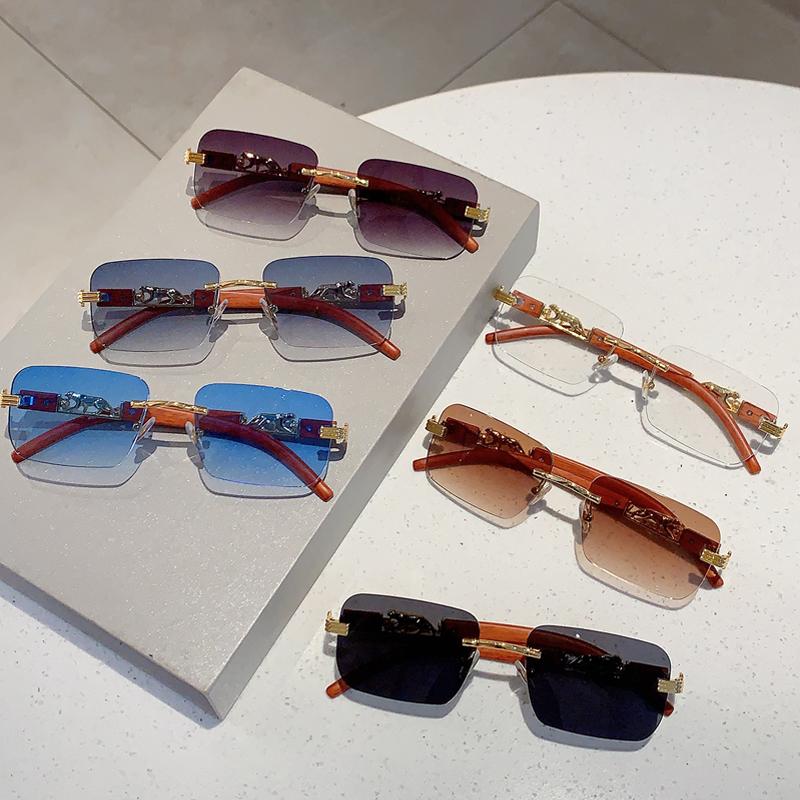 Rimless Vintage Men Sunglasses Stylish Rectangle Gradient Ocean Lenses Shades New Trendy Wooden Legs Brand Design Eyewear