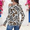 Women Plus Size Leopard Printed Asymmetric Cutout Neck Cold Shoulder Long Sleeve Fitted Top