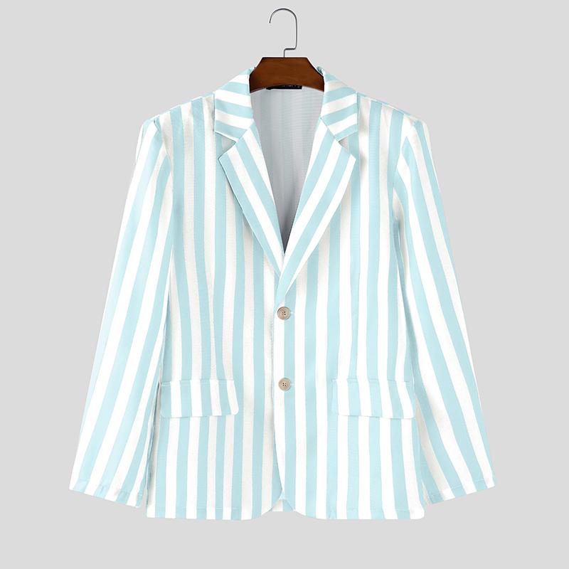 INCERUN Oversized Men Lapel Neck Long Sleeve Striped Print Casual Thin Blazer Suit Coats