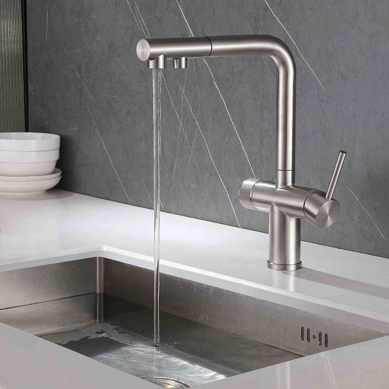 Nickel 304 Stainless Steel Pull-out Kitchen Faucet Dual Swivel Spout Drinking Water Filter Purifier Vessel Sink Mixer Tap