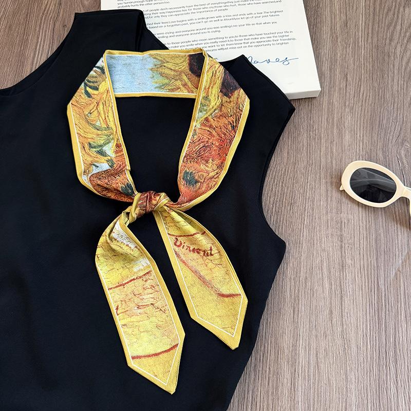 Silk Scarf Long Strip High Sense Spring and Summer Versatile Oil Painting Headscarf Headband Tied Bag Streamer Decorative Scarf Multi-purpose Belt
