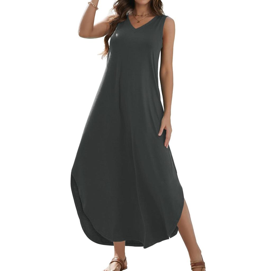 Women's 2024 Summer Casual Loose Sundress Long Dress Solid Color Sleeveless V Neck Split Tshirt Maxi Dresses